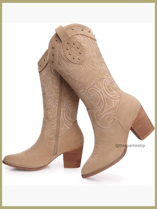 Shoes - Mid Calf Cowboy Boots with Embroidered Detail & Chunky Heel